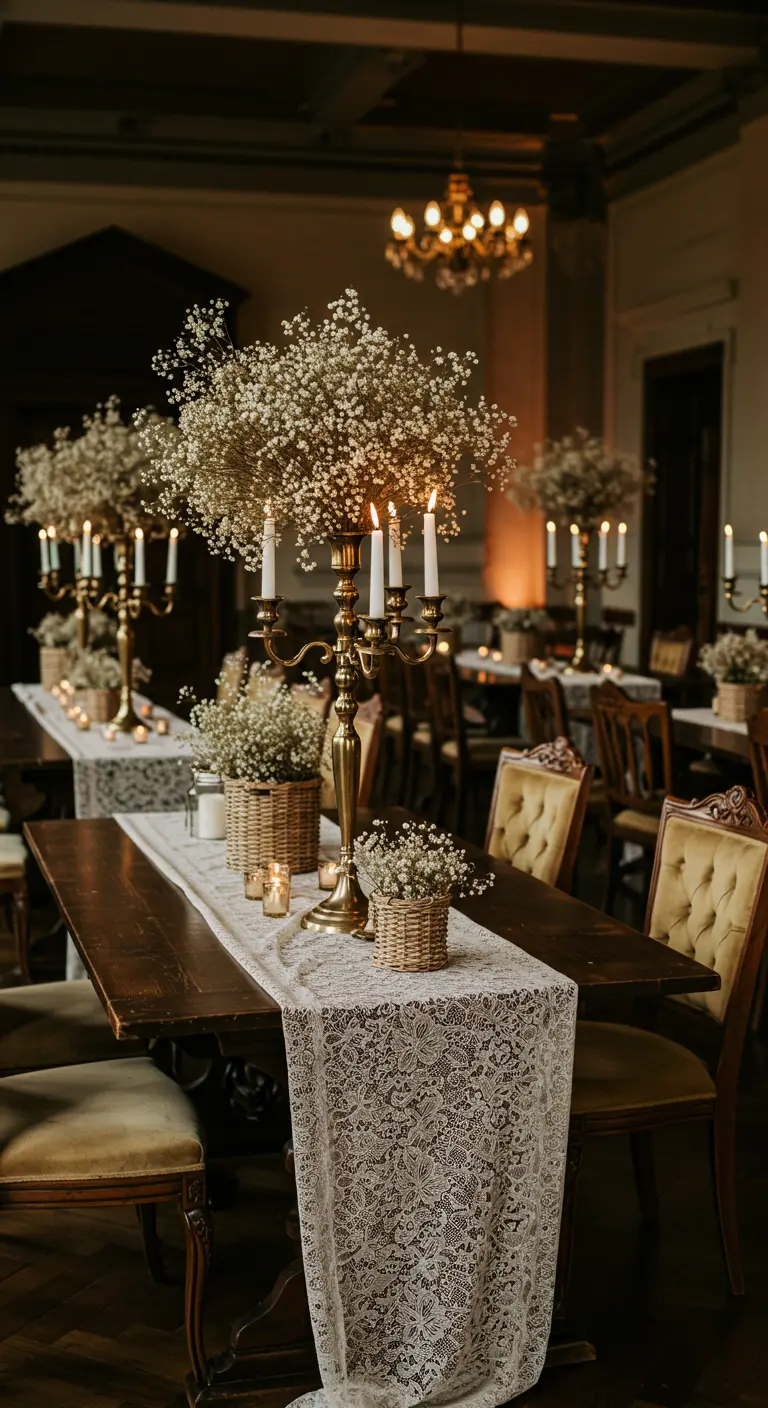 Multiples bougies et lanternes dorées créant un chemin lumineux sur une table de mariage.