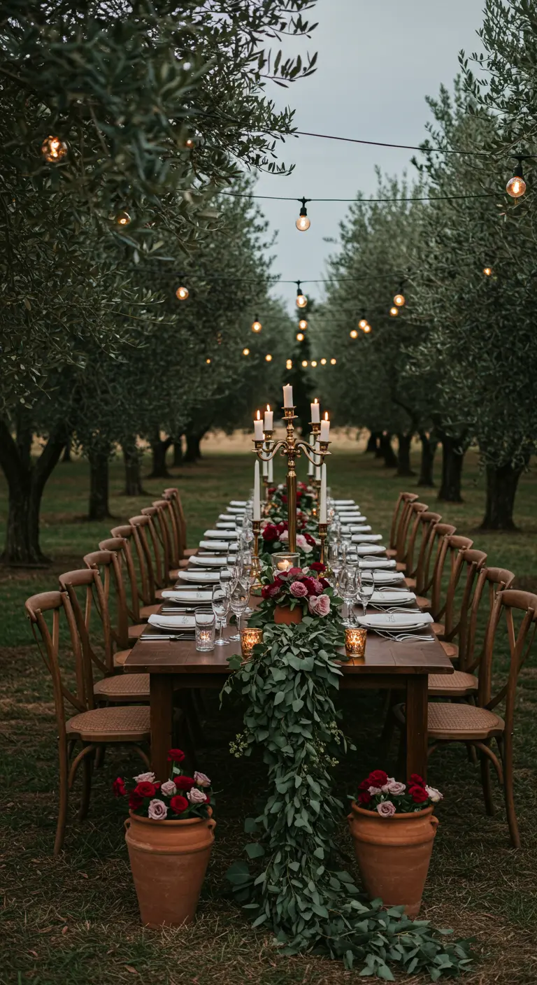 Table de banquet au crépuscule dans une oliveraie, avec chandeliers et fleurs sombres.