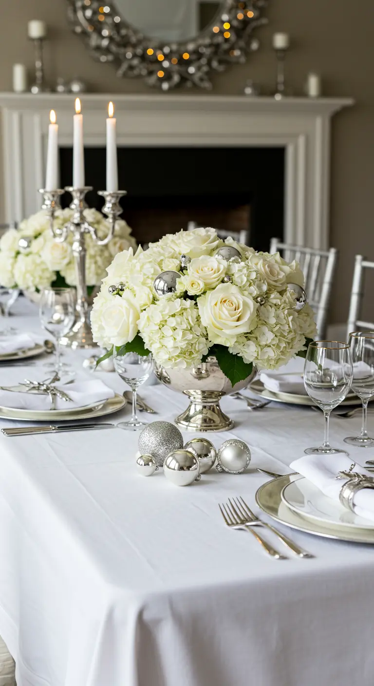 Grand bouquet de roses blanches dans une coupe en argent, avec des boules argentées sur une nappe blanche.