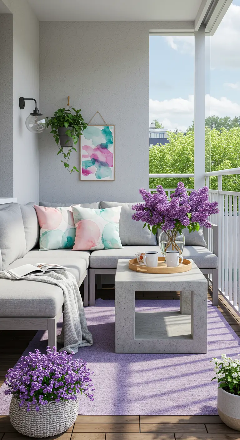 Balcon moderne avec un canapé d'angle gris, un tapis et des fleurs lilas.