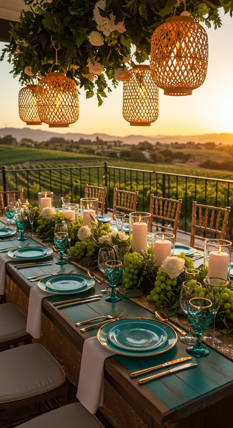 Table de fête au coucher du soleil avec une composition florale suspendue et des lanternes.