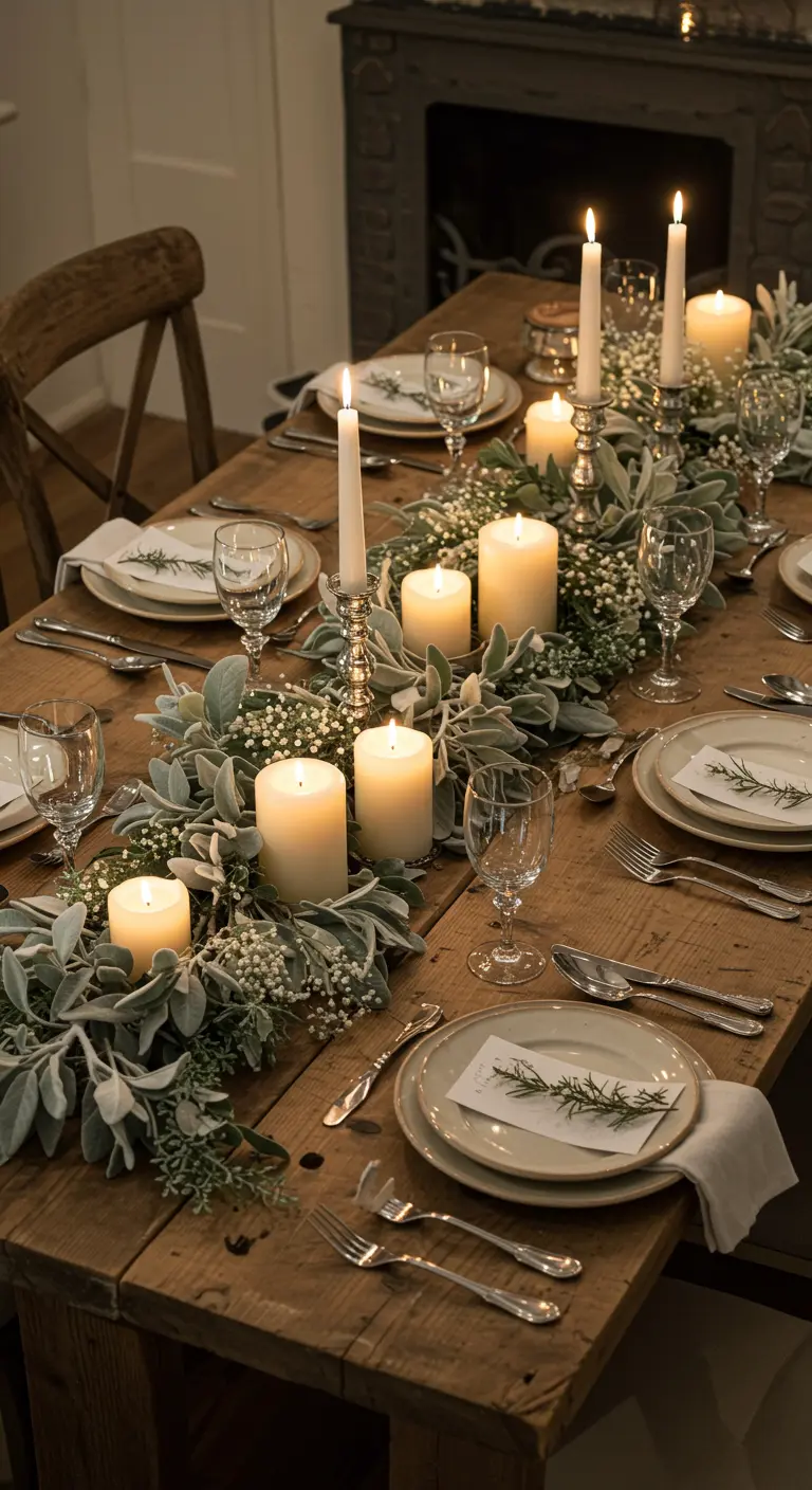 Table en bois rustique avec grosses bougies et feuillage argenté.