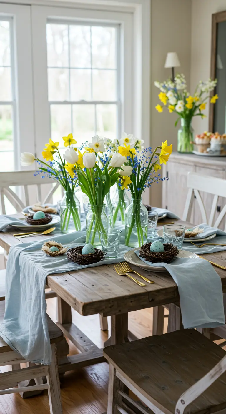 Table de Pâques rustique avec des jonquilles et tulipes dans plusieurs vases en verre.