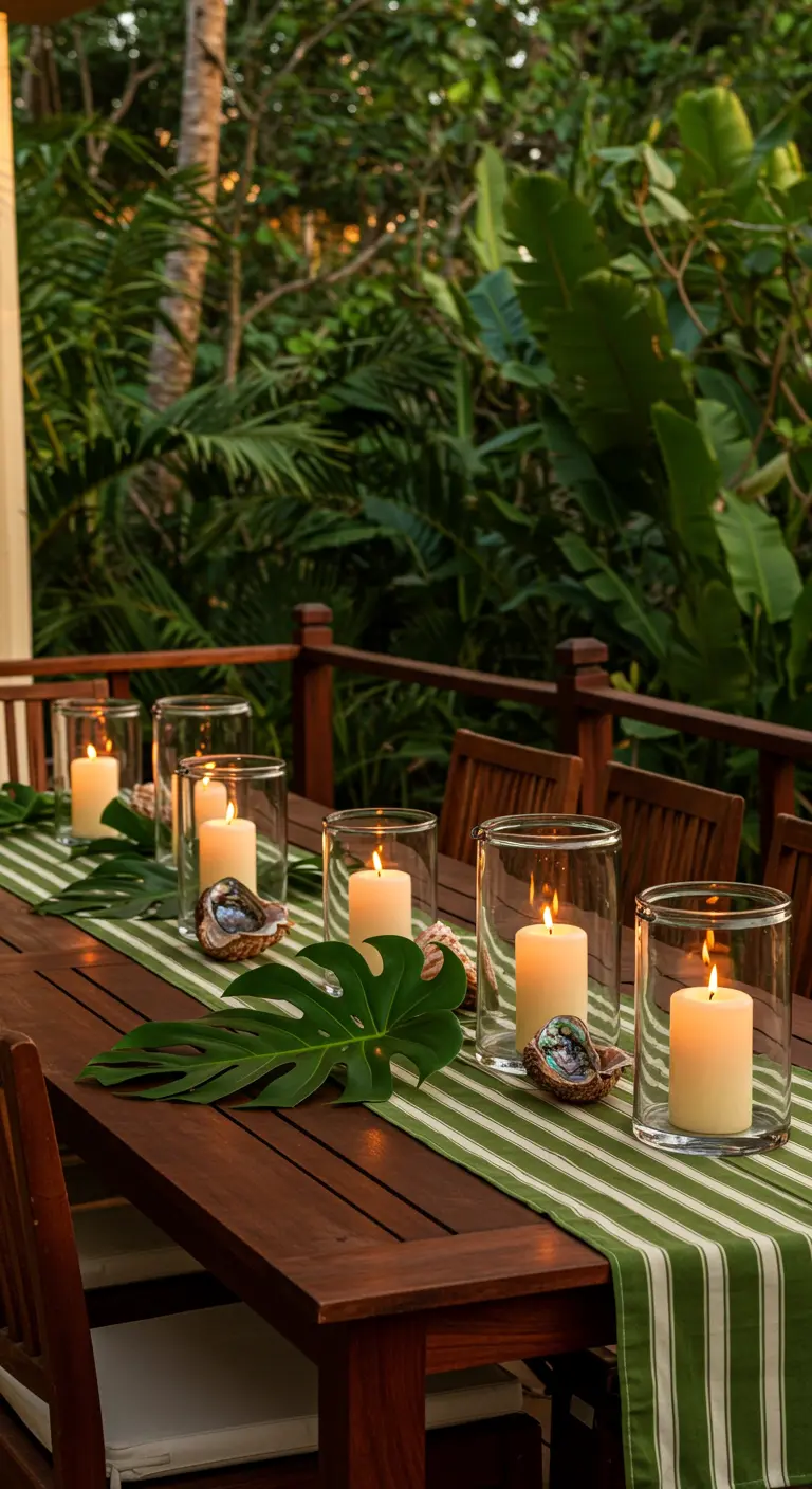 Table en bois avec chemin de table vert, bougies dans des photophores, feuilles tropicales et coquillages.