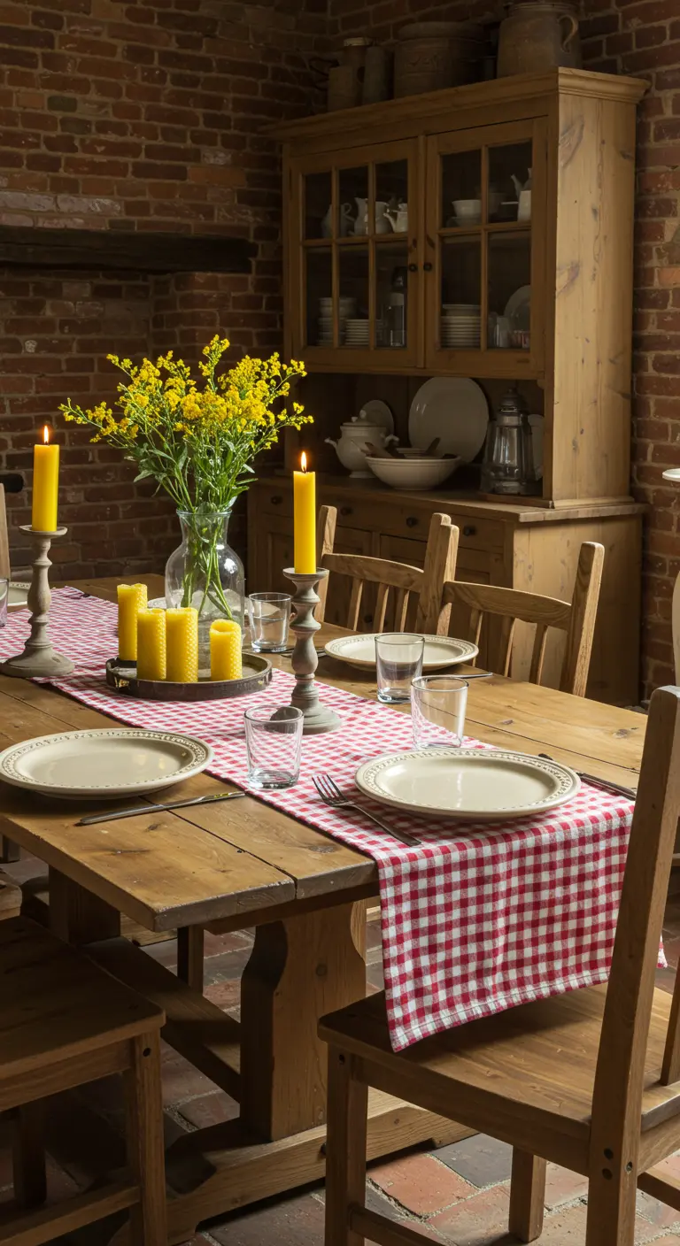 Chemin de table à carreaux Vichy rouge, bougies jaunes et vase de fleurs sur table en bois