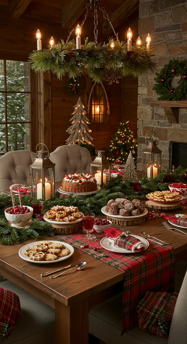 Table de Noël décorée de tartan, guirlande de sapin, lanternes et desserts festifs.