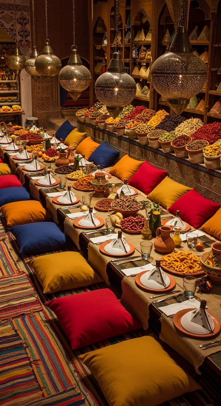 Longue table marocaine basse avec coussins colorés, multitude de plats et de lanternes suspendues.