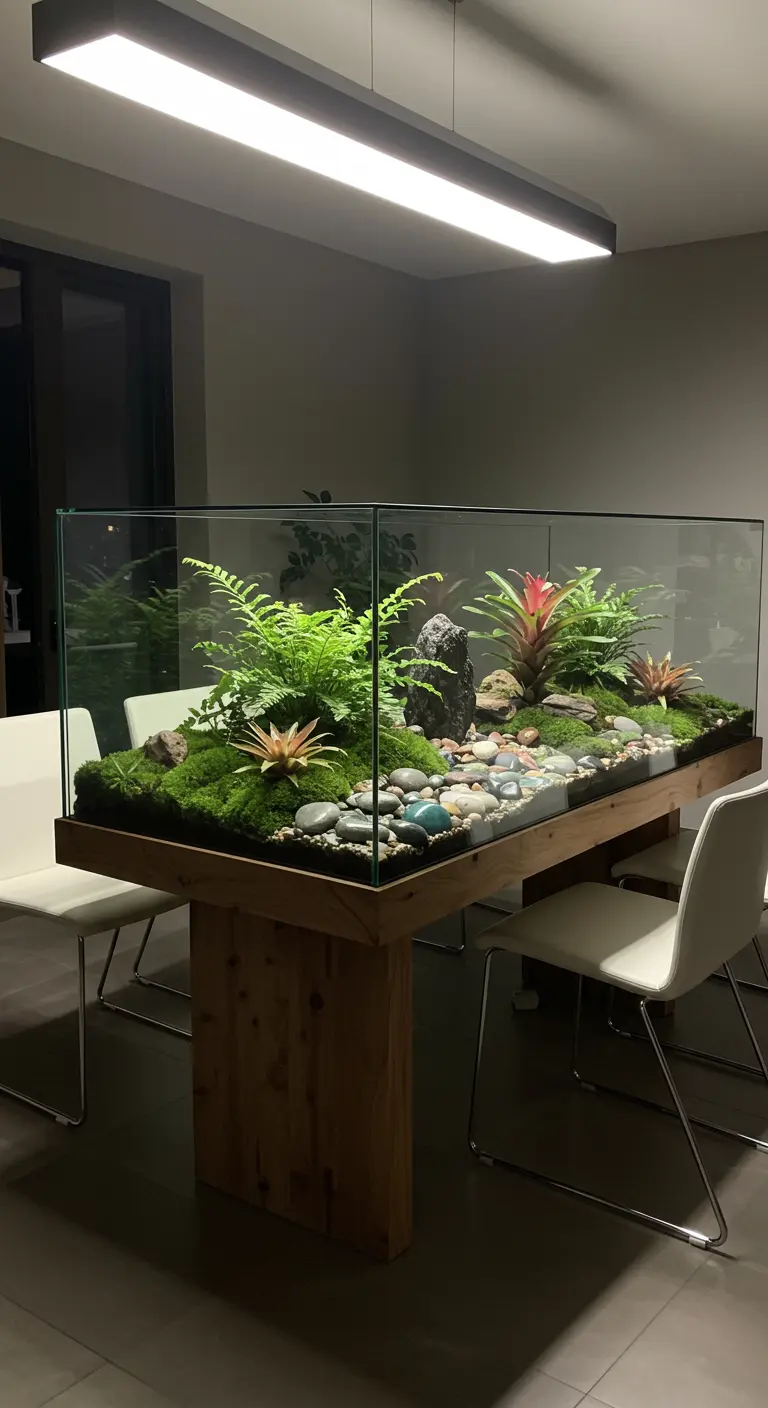 Table à manger en bois avec un grand terrarium encastré, rempli de fougères, plantes tropicales, mousse et pierres.