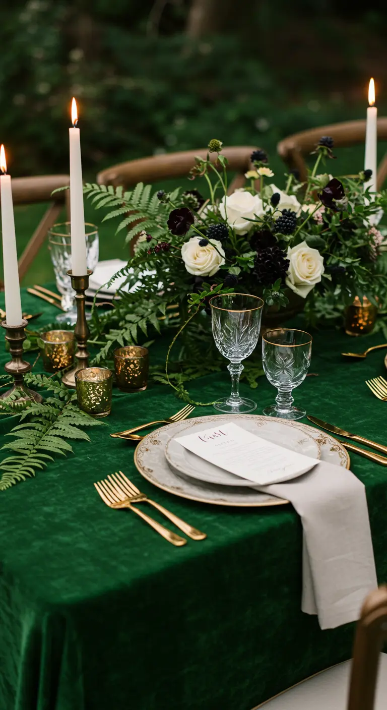 Table élégante dressée avec une nappe en velours vert, des couverts dorés et des bougies.