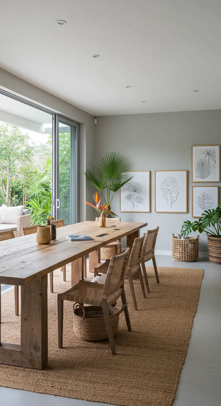 Grande table en bois brut avec chaises en rotin, tapis en jute et décorations végétales.