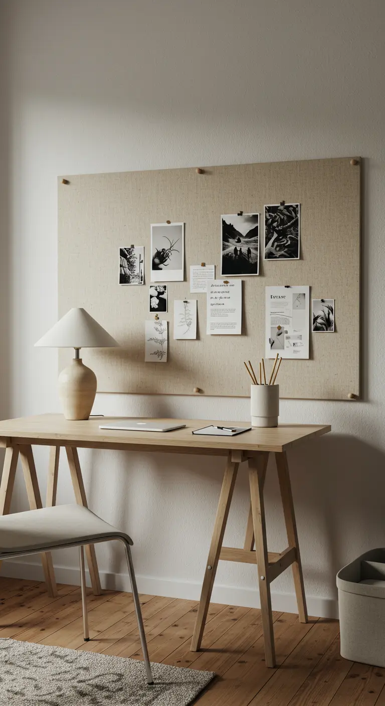 Grand tableau d'affichage recouvert de tissu beige avec des images et des notes épinglées