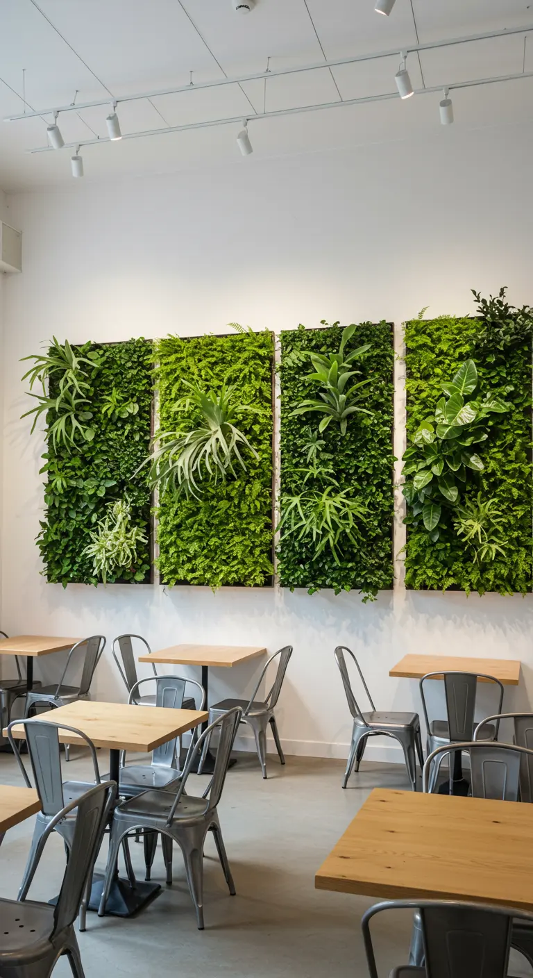 Quatre tableaux végétaux rectangulaires accrochés à un mur blanc dans un café, avec différentes plantes.