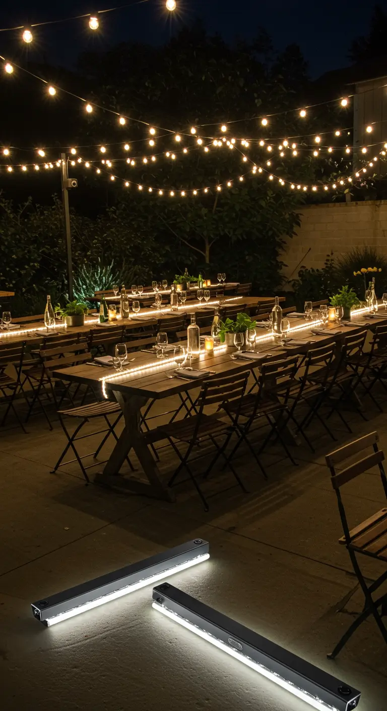 Longues tables en bois avec des rubans LED intégrés et des guirlandes lumineuses.