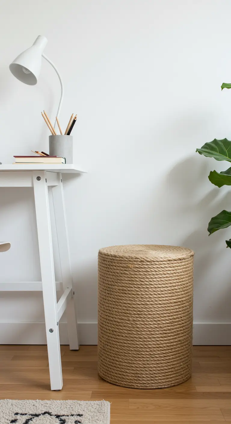 Tabouret cylindrique entièrement recouvert de corde de jute, à côté d'un bureau blanc