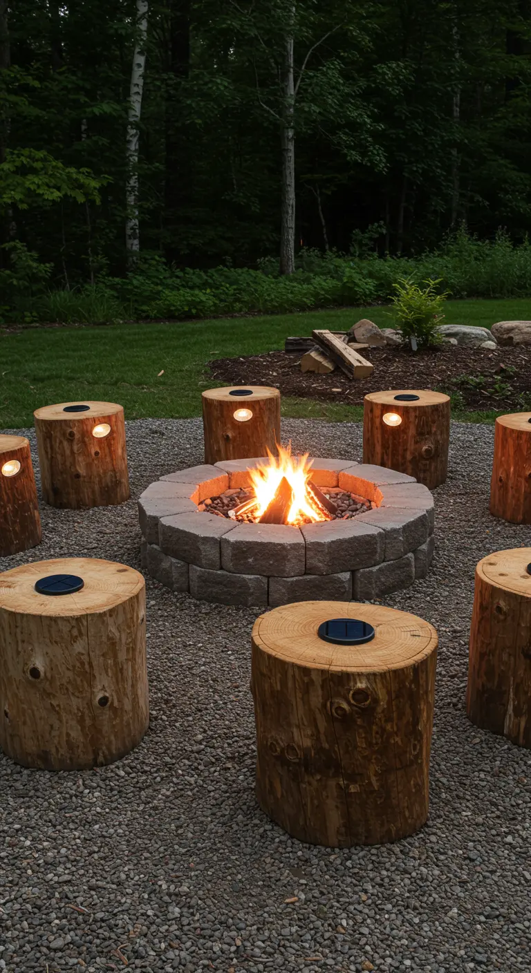 Bûches servant de tabourets autour d'un feu de camp, avec des lampes solaires intégrées.