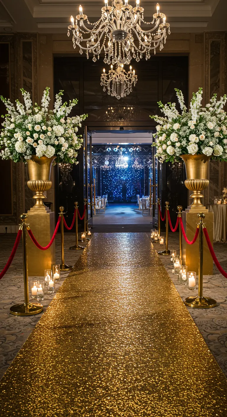 Entrée de fête avec un tapis de paillettes dorées, des potelets et de grands vases de fleurs.