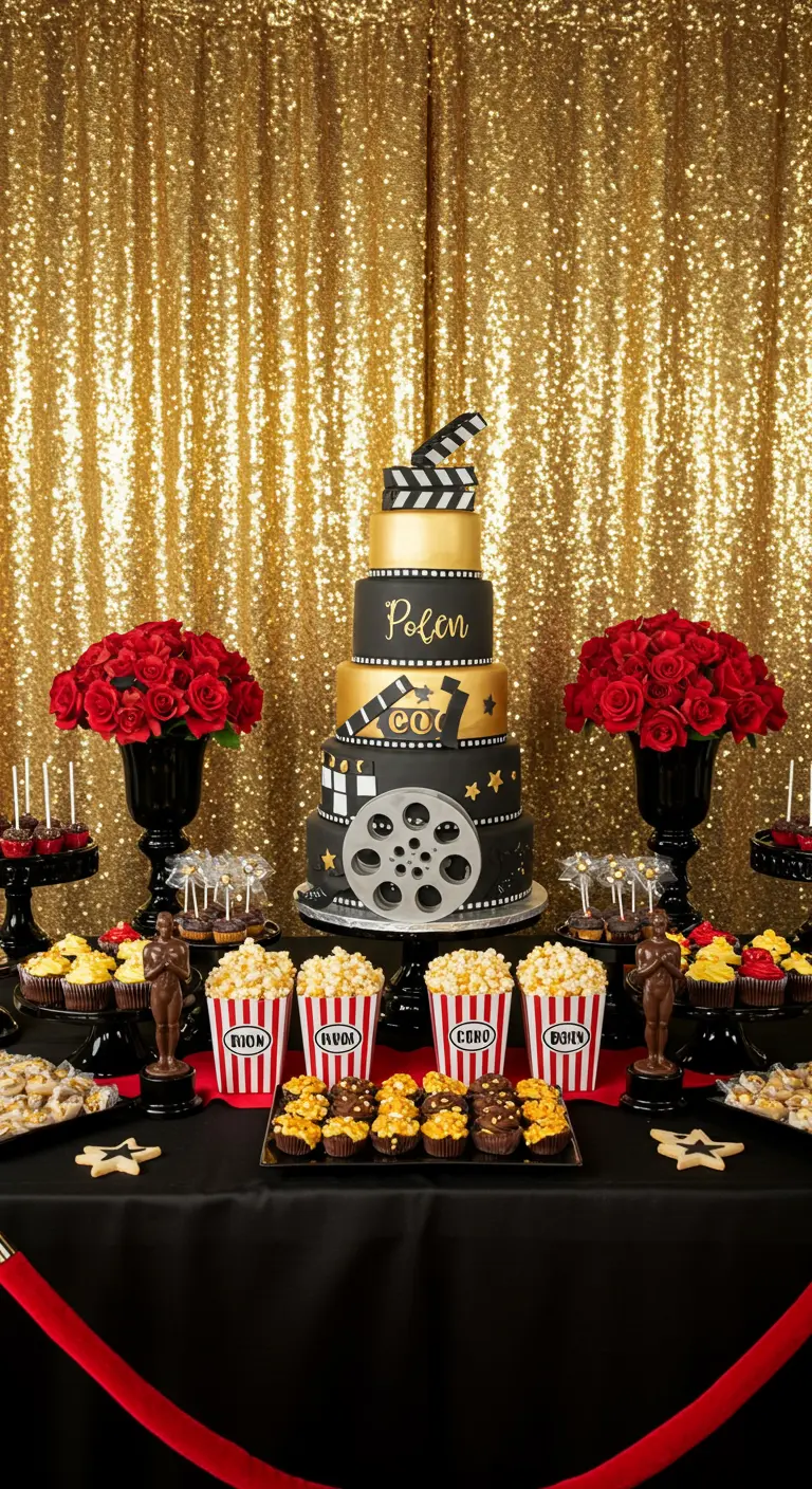 Gâteau sur le thème du cinéma devant un fond doré scintillant.