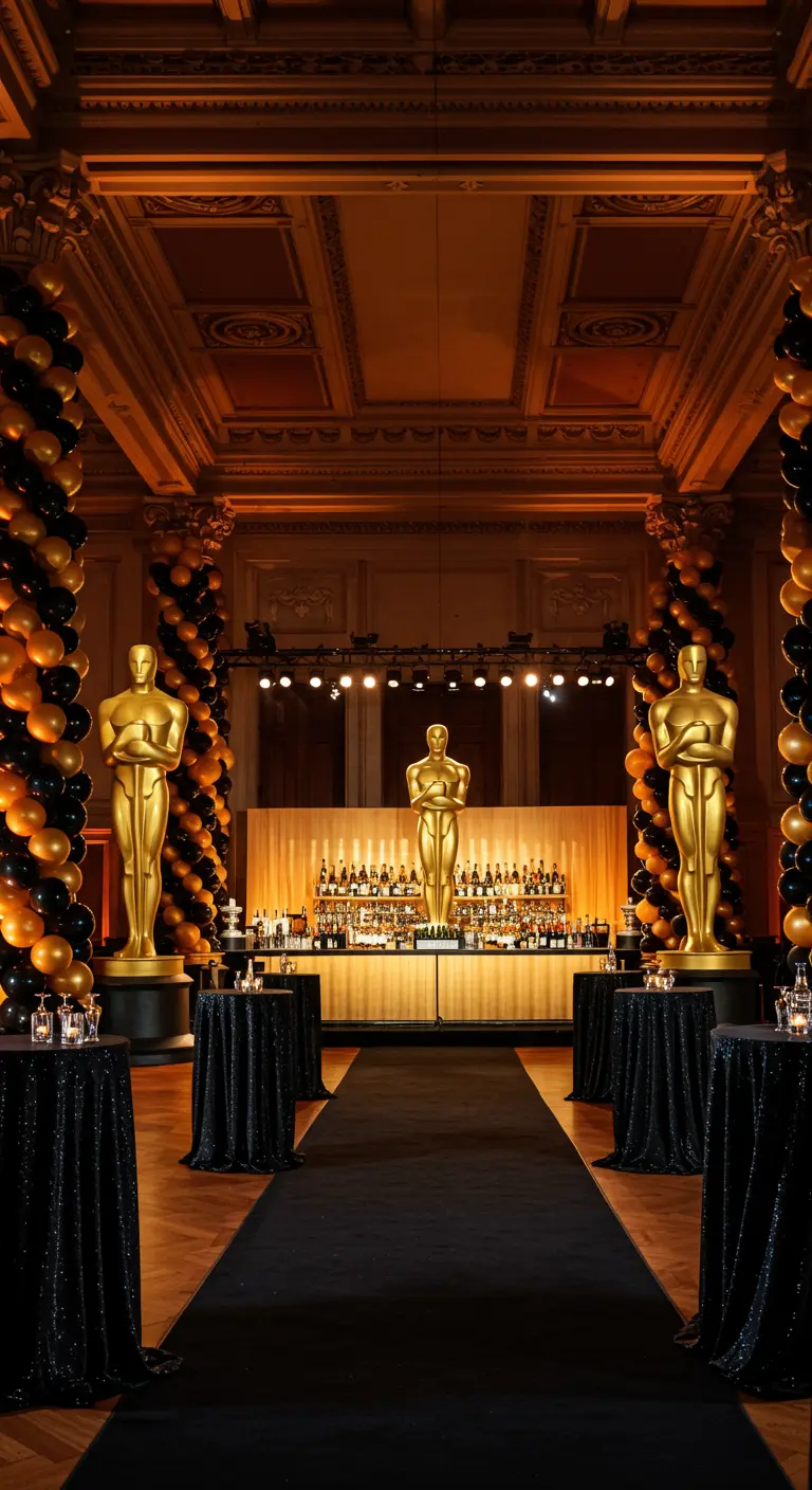 Bar de soirée de gala encadré par des colonnes de ballons et des statues dorées.