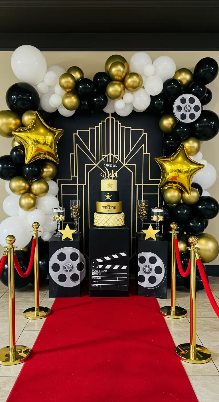 Décor de fête thème Hollywood avec ballons or, noir et blanc.