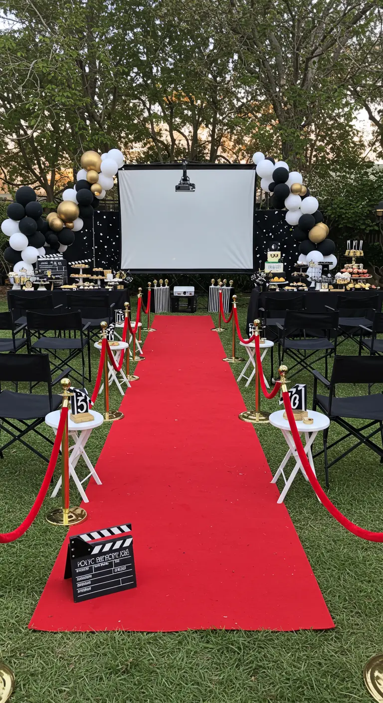 Allée de tapis rouge menant à un écran de cinéma en plein air, avec des chaises de réalisateur.