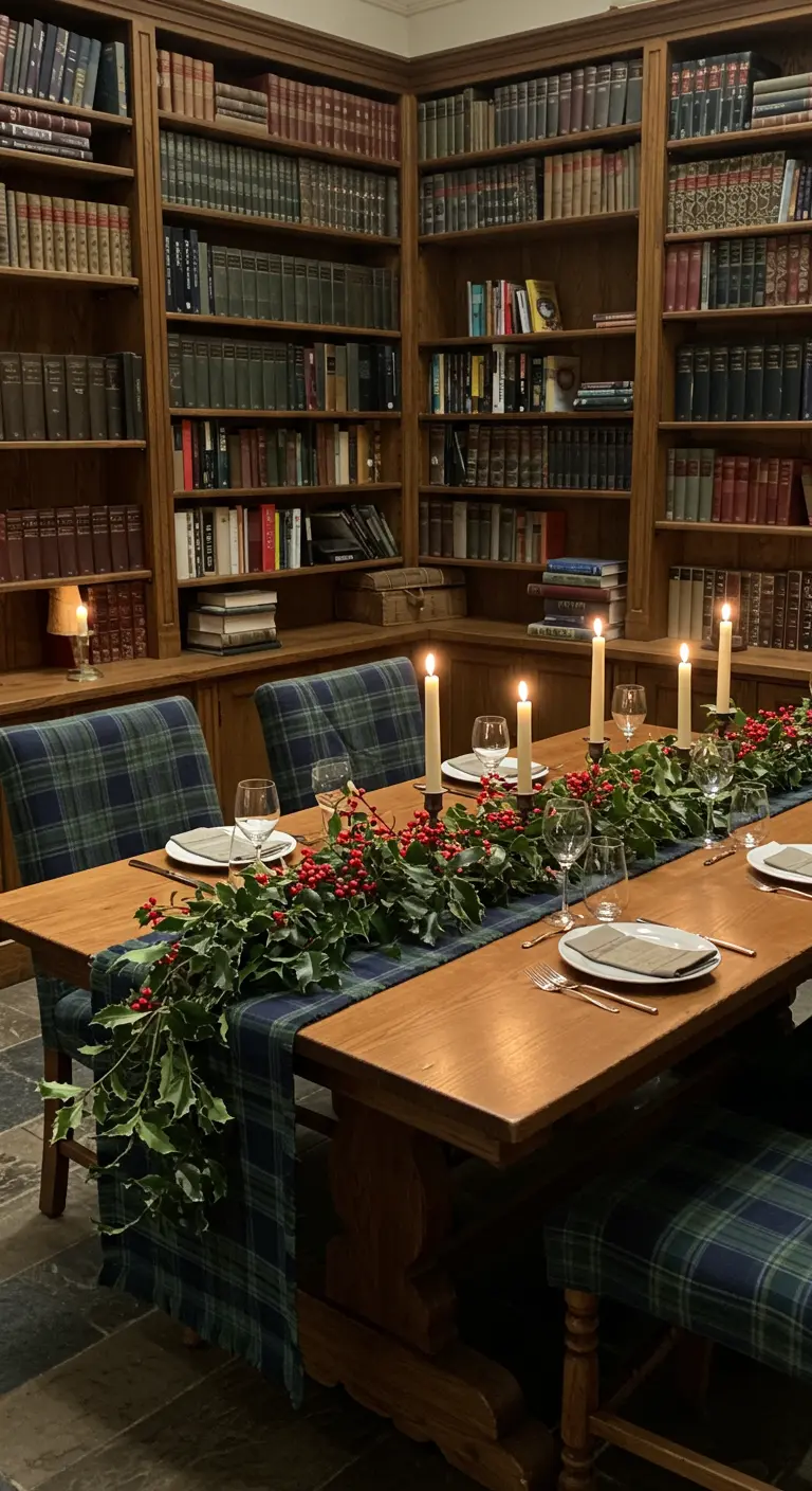 Table dans une bibliothèque avec chemin de table écossais et guirlande de houx.