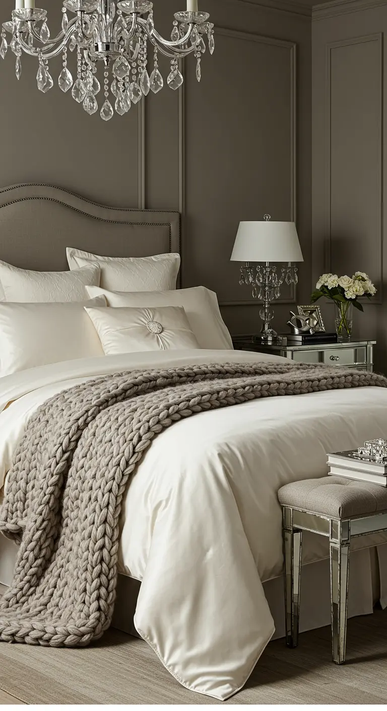 Chambre classique avec murs taupe, lit avec parure en satin ivoire et plaid en grosse maille.