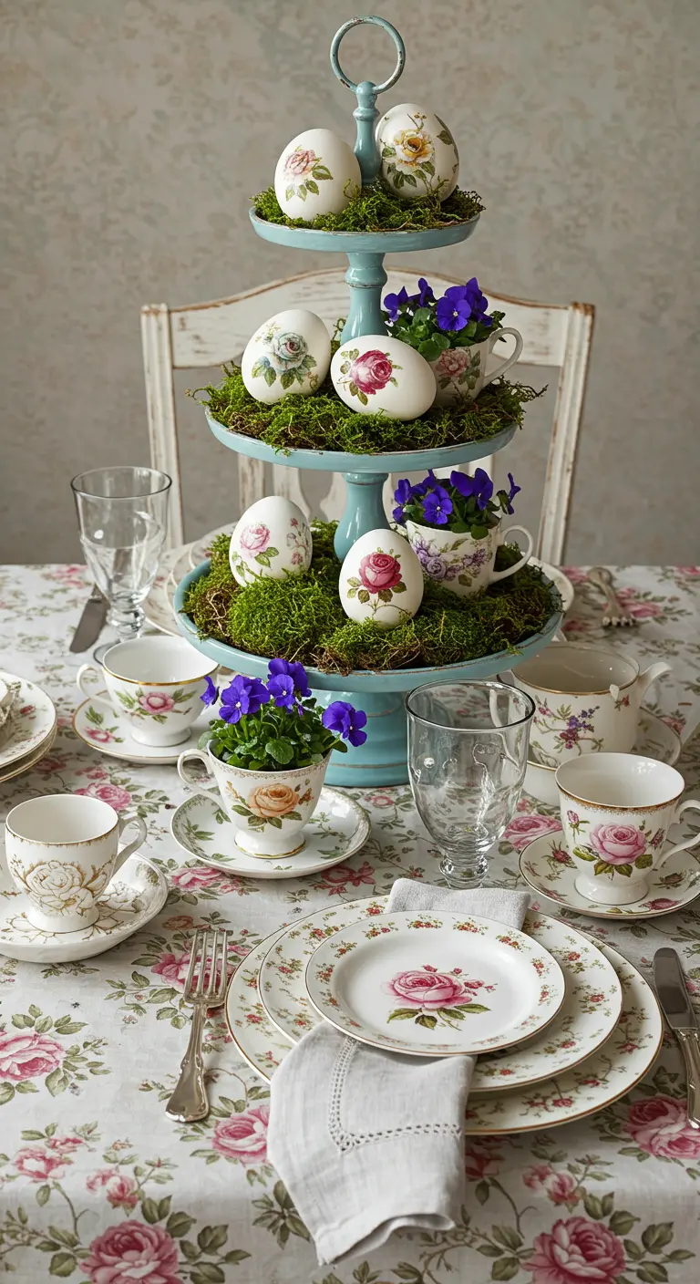 Présentoir à gâteaux bleu avec des œufs décorés de fleurs et des tasses à thé.