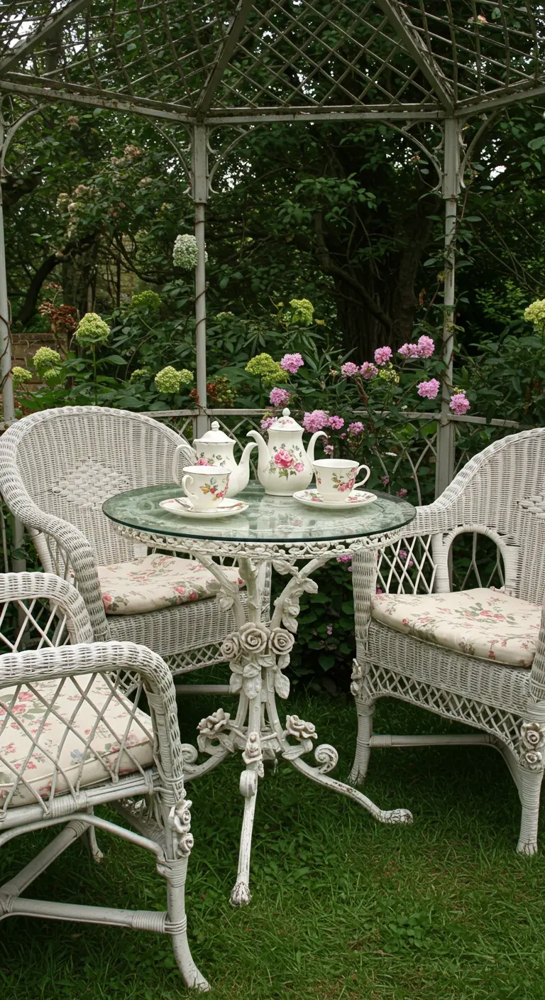 Ensemble de jardin blanc de style shabby chic avec service à thé fleuri.