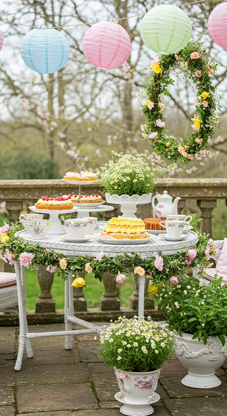 Table de goûter dans un jardin avec des lampions pastel et des décorations florales.