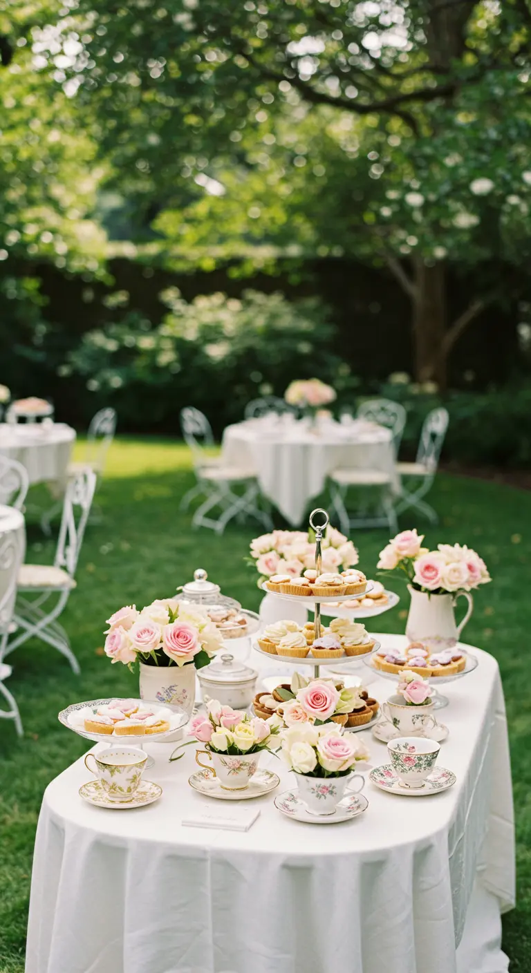 Buffet de jardin élégant avec des roses roses, des gâteaux et de la vaisselle vintage.