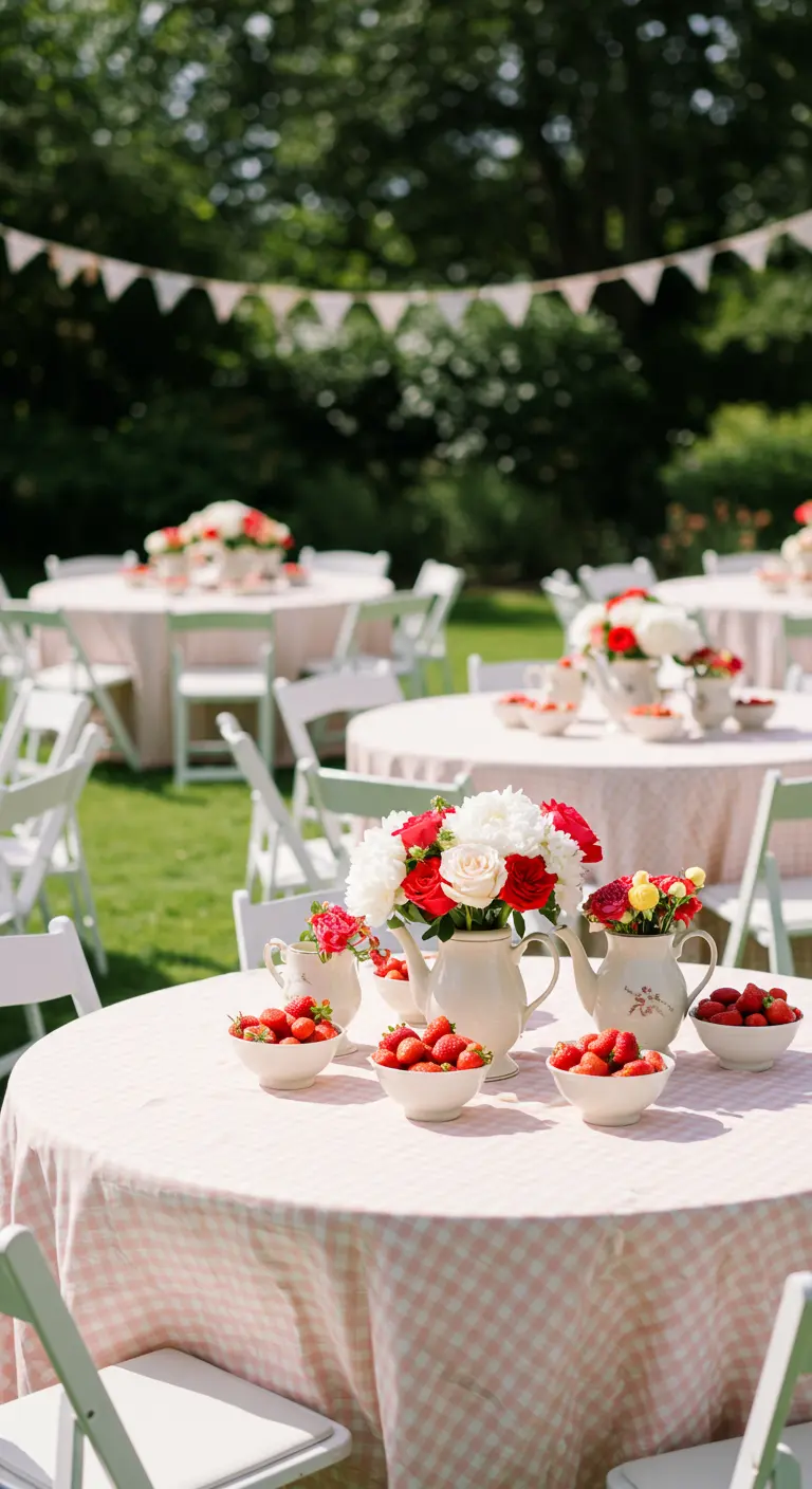 Table de jardin avec nappe à carreaux roses, fleurs dans des théières et fraises.