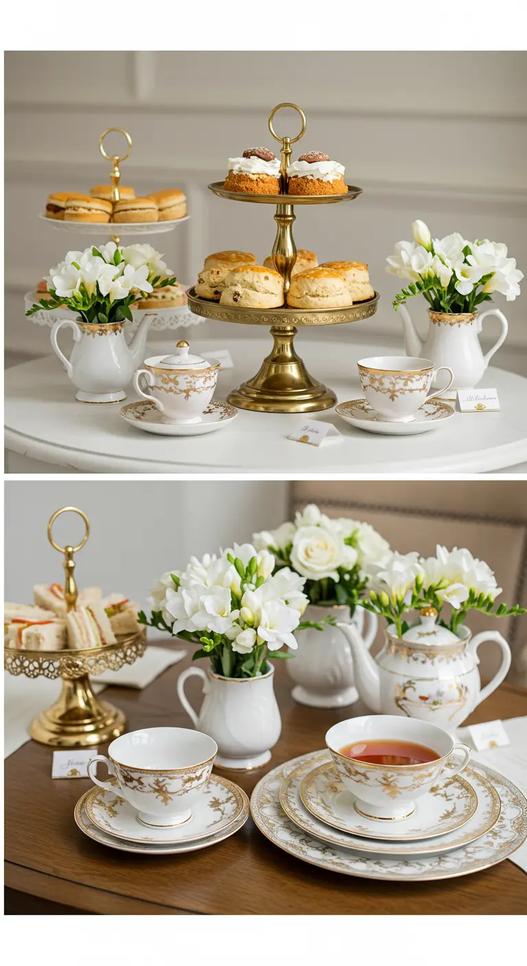 Table dressée pour le thé avec un serviteur doré et de la vaisselle en porcelaine blanche et or.