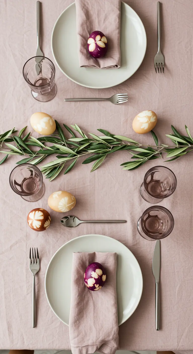 Table de Pâques avec des œufs teints naturellement et des branches d'olivier.