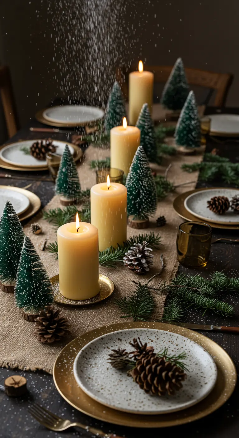 Table de Noël rustique avec chemin de table en toile de jute, bougies et pommes de pin.