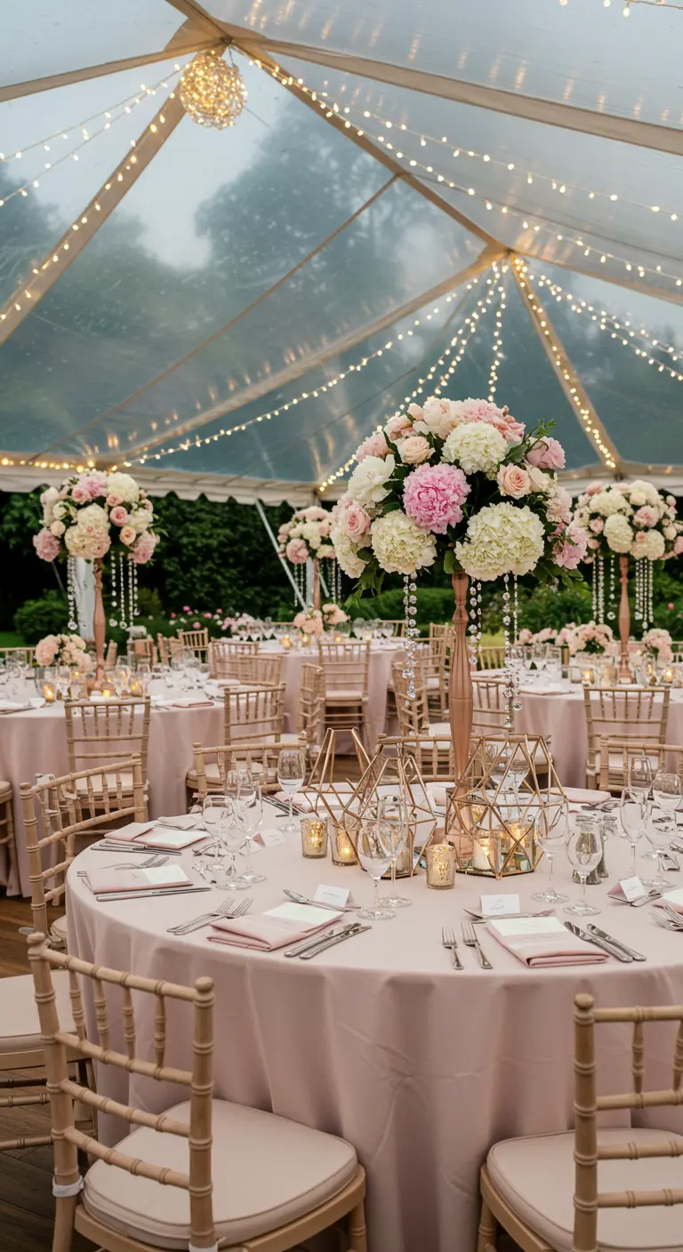 Réception sous une tente illuminée avec des tables rondes roses et des centres de table floraux.