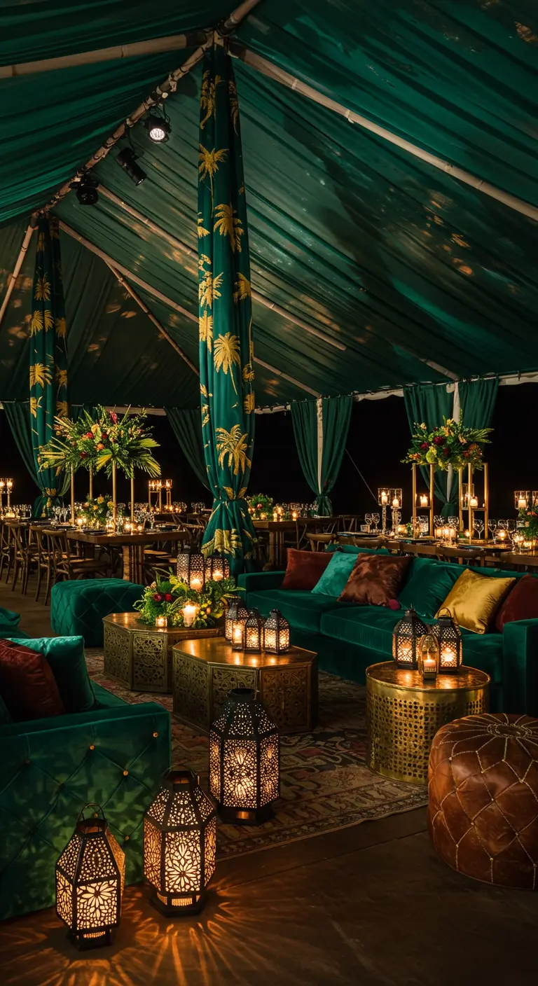 Lounge sous tente avec canapés en velours vert, lanternes dorées ciselées, poufs en cuir et accents exotiques.
