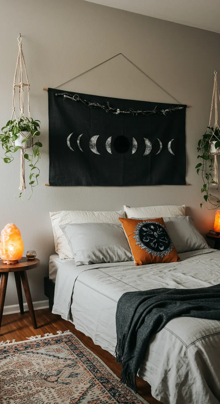 Une tenture murale noire avec les phases de la lune en blanc, suspendue au-dessus d'un lit.