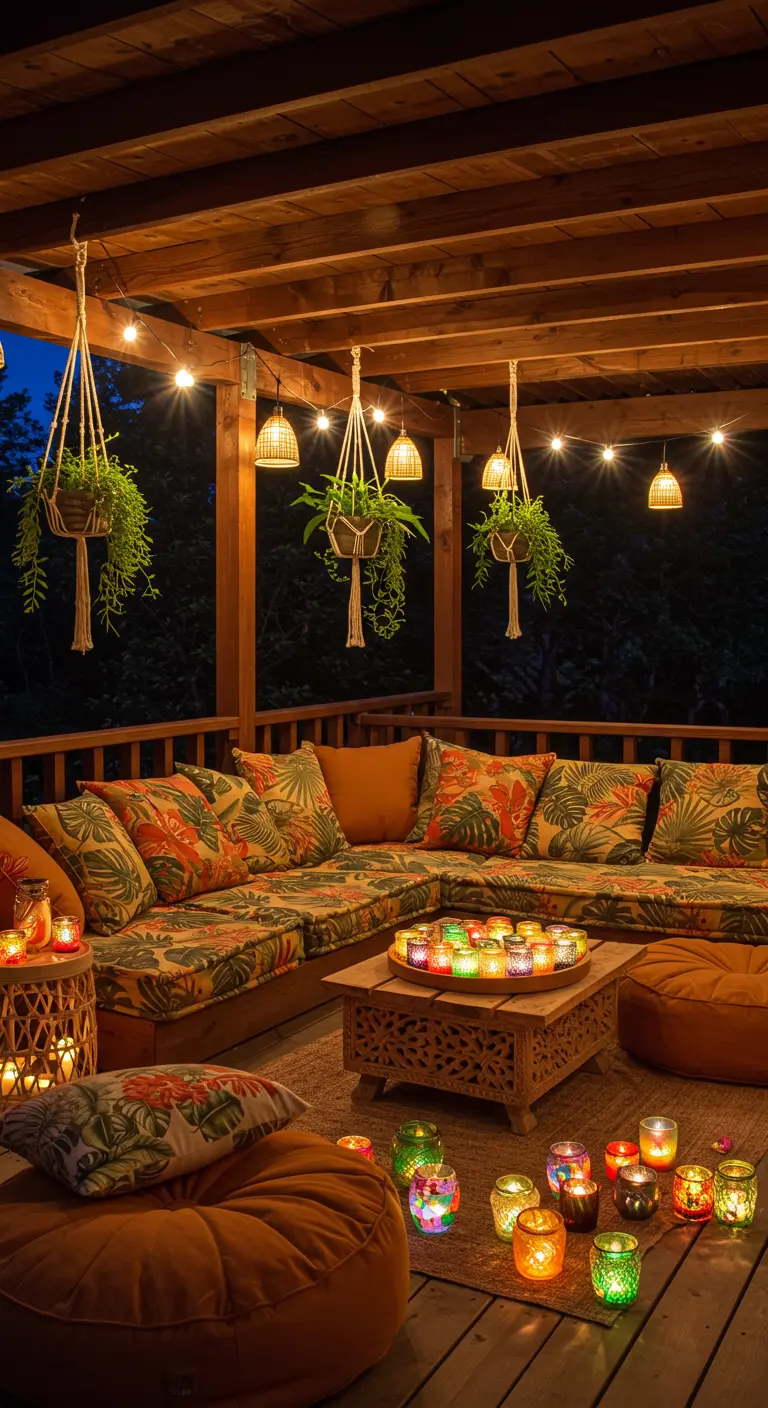 Terrasse en bois avec canapé d'angle, guirlandes lumineuses et nombreux photophores colorés