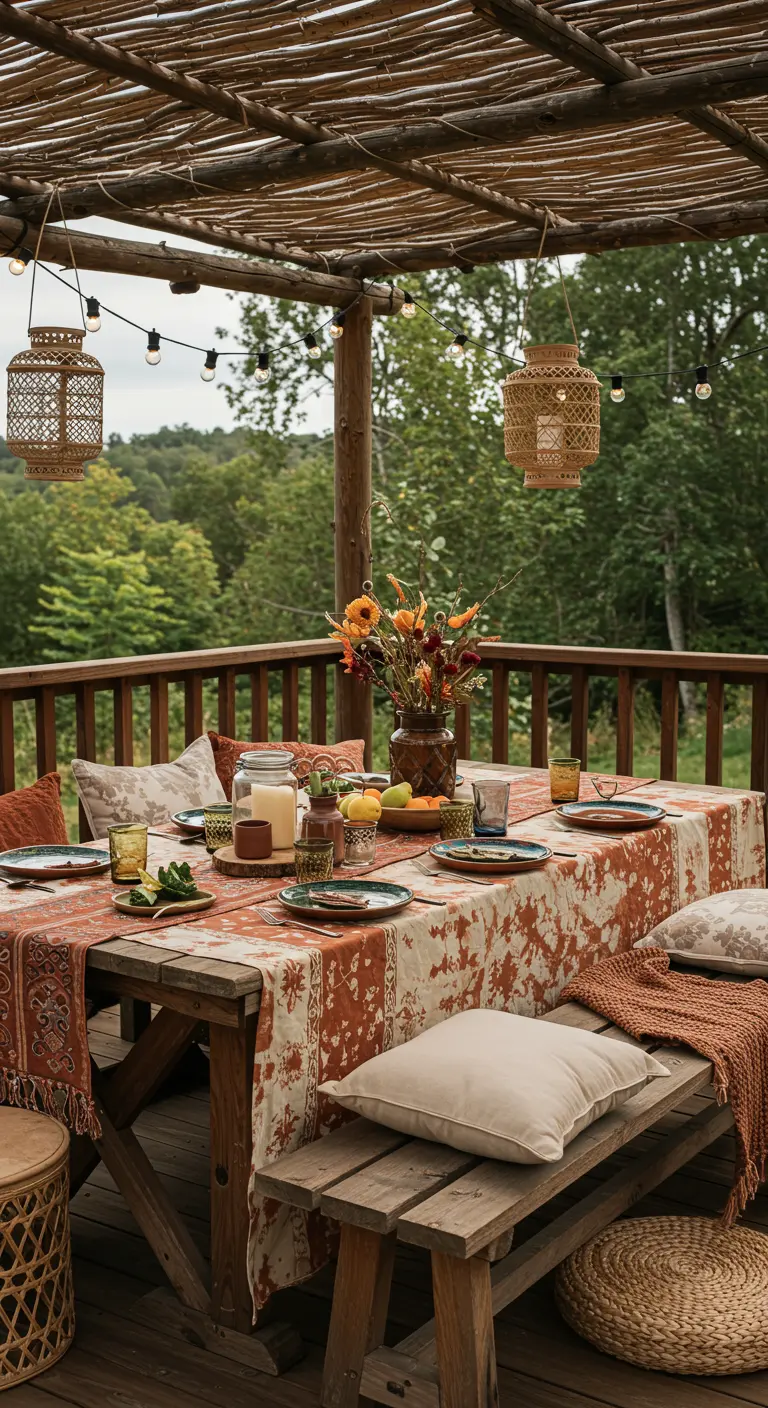 Table en bois sur terrasse couverte, nappe à motifs, coussins, lanternes tissées et guirlandes lumineuses.