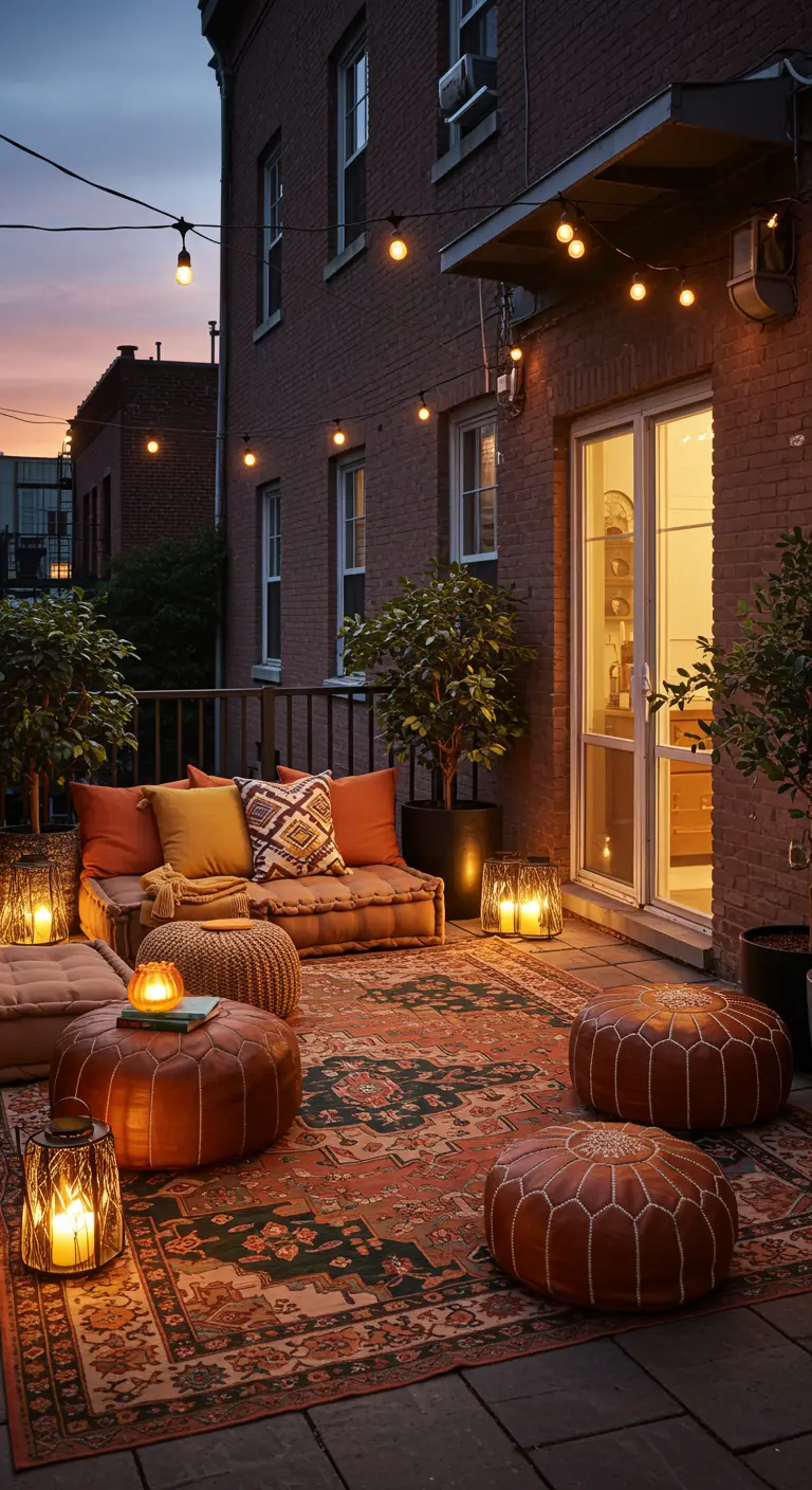 Terrasse style bohème avec tapis persan, poufs en cuir, coussins colorés et lanternes dorées.