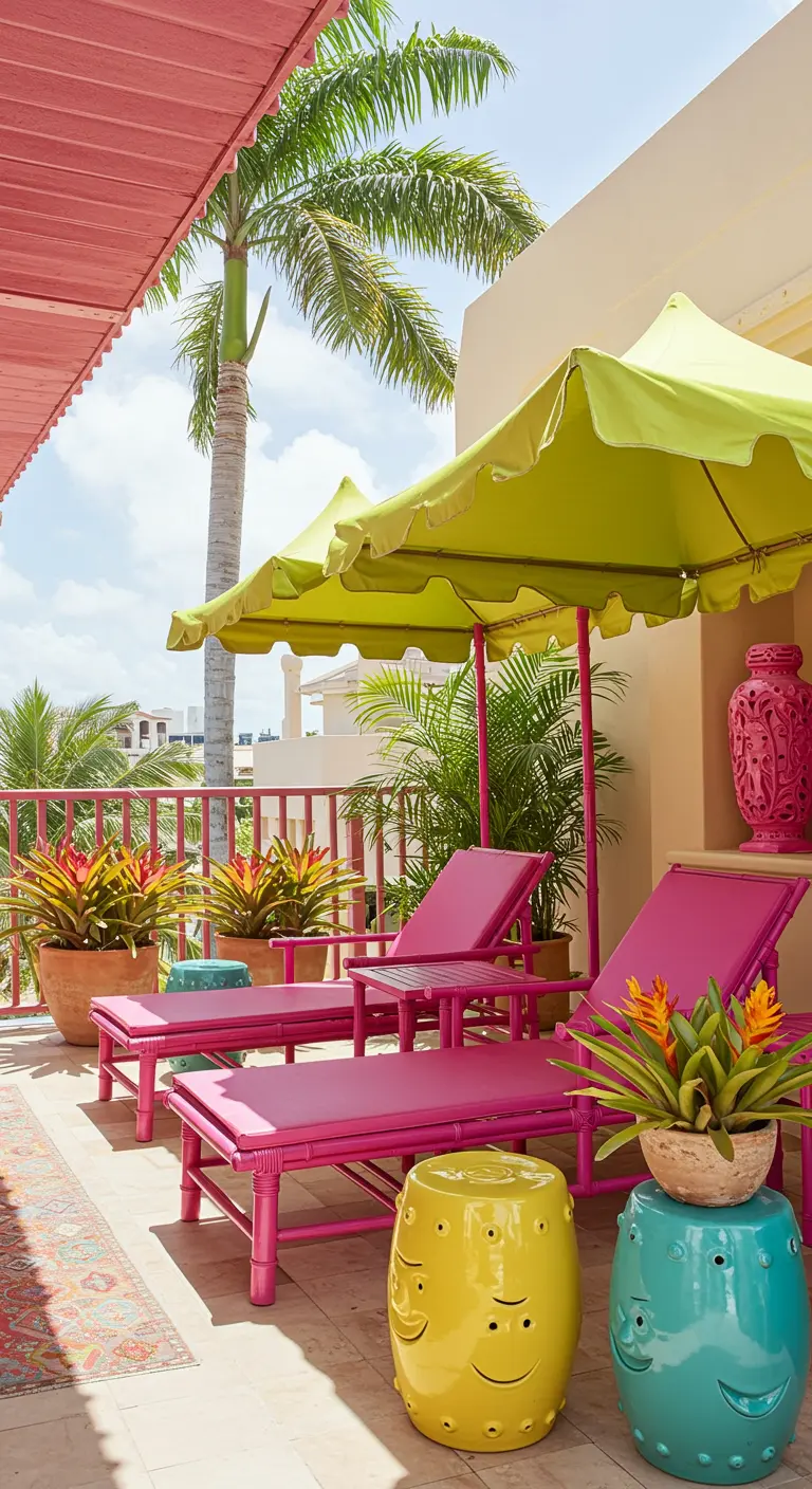 Terrasse ensoleillée avec chaises longues fuchsia, parasols verts, tabourets en céramique colorés et plantes tropicales.