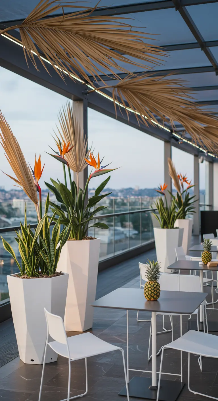 Terrasse moderne avec de grandes plantes exotiques dans des pots blancs design.