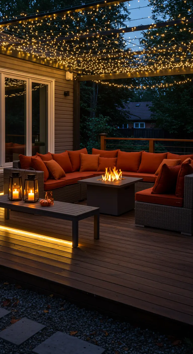 Grande terrasse en bois avec canapé d'angle, brasero central, lanternes et guirlandes lumineuses.