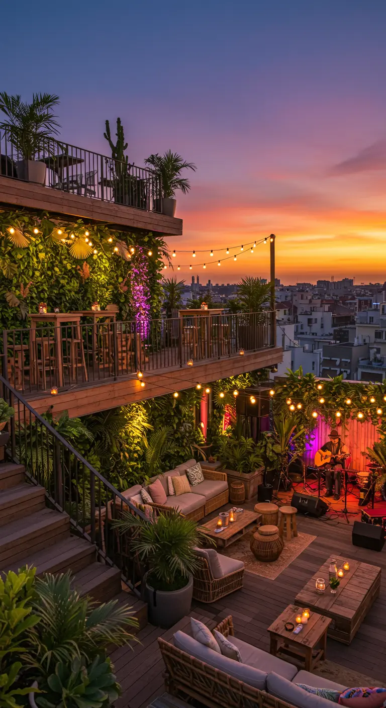 Terrasse de bar sur plusieurs niveaux avec murs végétaux, guirlandes lumineuses, mobilier en bois et scène musicale au coucher du soleil.