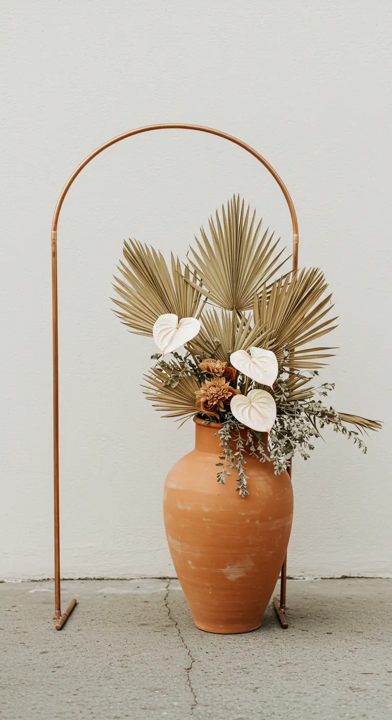 Arche minimaliste en cuivre avec une grande jarre en terre cuite et des feuilles de palmier.
