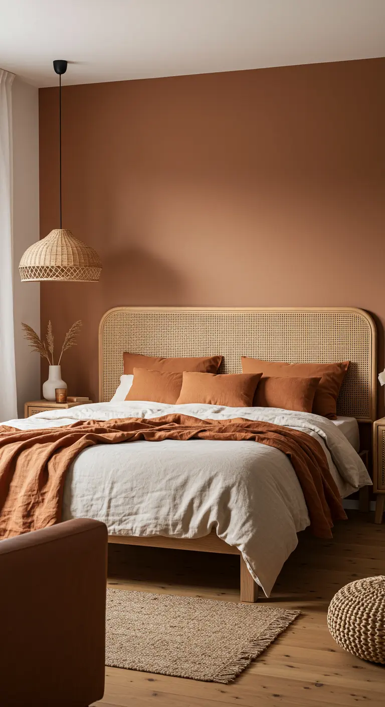 Chambre aux tons chauds avec mur terracotta et tête de lit en cannage.