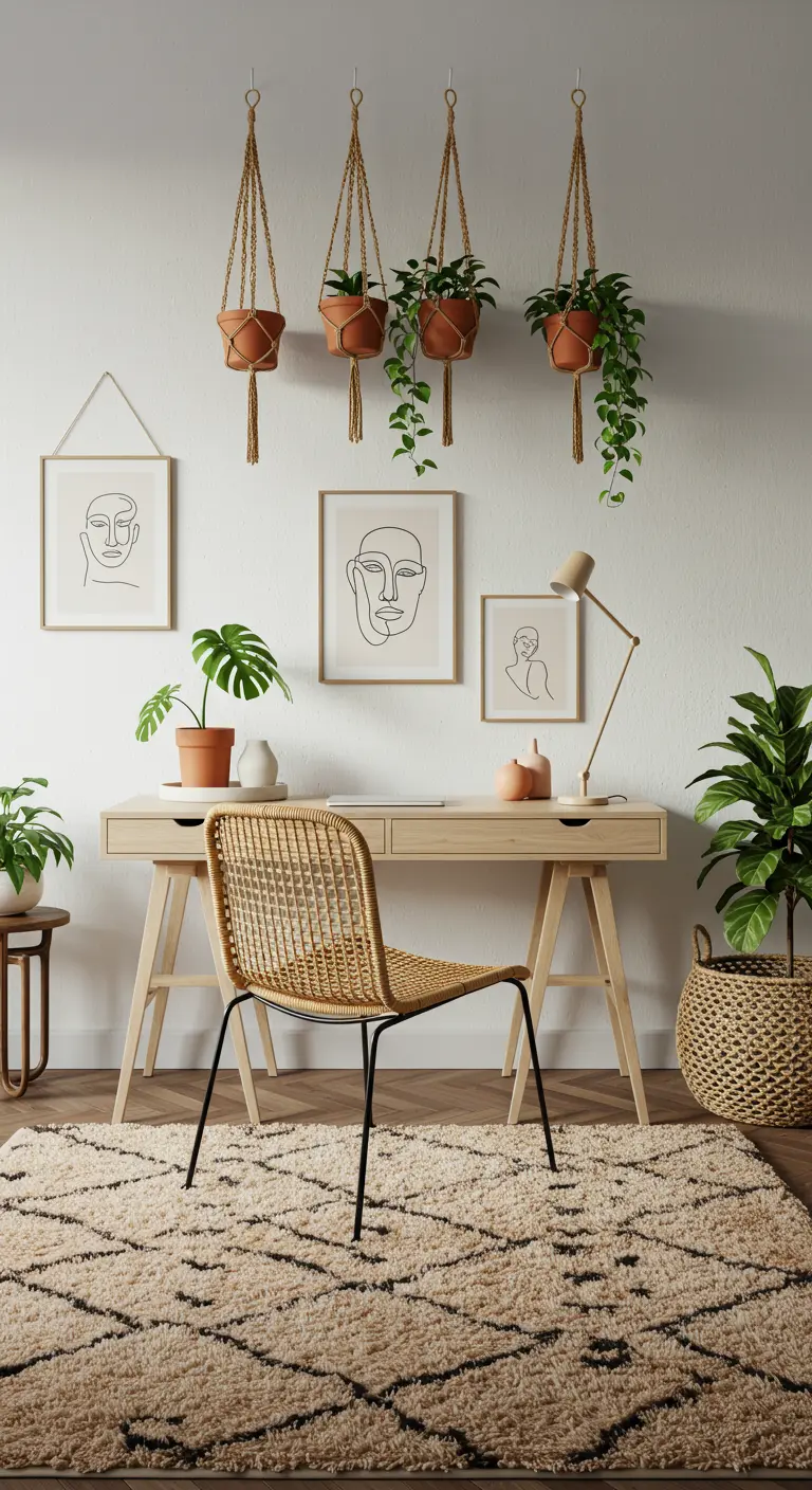 Bureau scandinave avec suspensions en terre cuite et art mural.