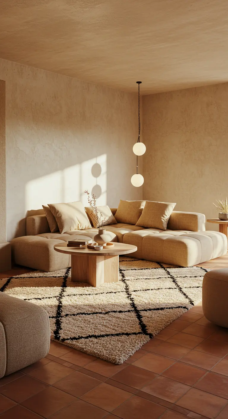 Canapé modulable beige sur un tapis berbère, dans un salon aux tons chauds et murs texturés.