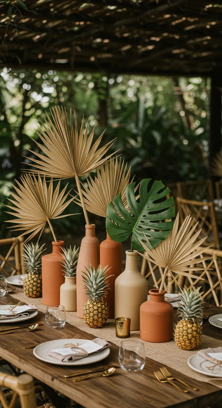 Composition de table avec vases en terre cuite, palmes séchées et mini-ananas.