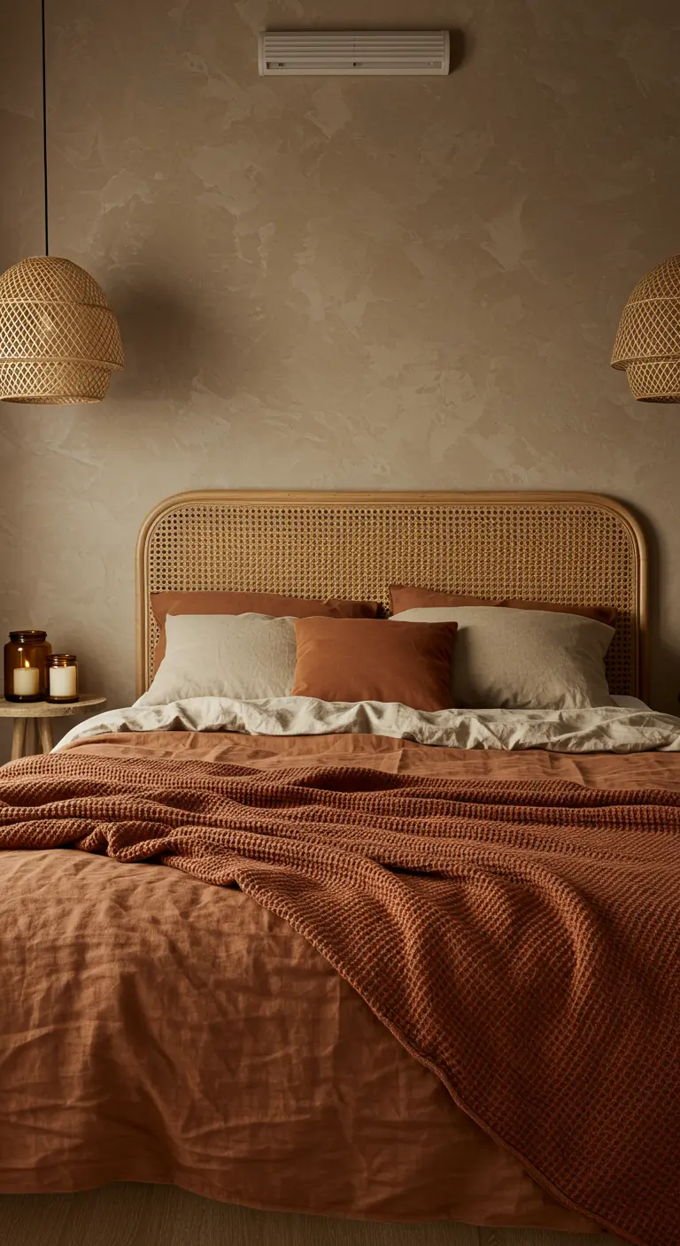 Chambre bohème avec tête de lit en rotin et linge de lit terracotta.